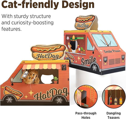 Cat Beds for Indoor Cats, Cardboard Cat House with Scratchers, Hot Dog Truck, Large Sturdy Cat Furniture Condo Cave Tent, Easy to Assemble Pet Toys Accessories Stuffs, Bunny Small Animals