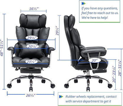 Efomao Big and Tall Office Chair with Foot Rest 400LBS, PU Leather Computer Chair, Heavy Duty Executive Office Chair with Lumbar Support, Black Home Office Chairs