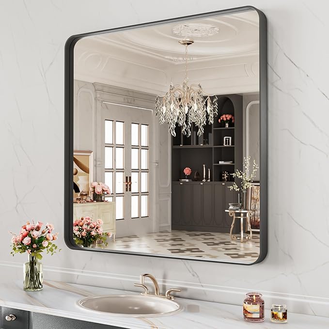 LOAAO 32X32 Inch Black Metal Framed Bathroom Mirror