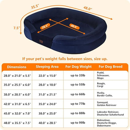 Dwanton Orthopedic Dog Bed for Extra Extra Large Dogs with Gel Memory Foam, Waterproof Dog Sofa, Washable Pet Bed with Four Sided Bolster Cushion, Removable Cover & Non-Slip Bottom, 48", Navy Blue