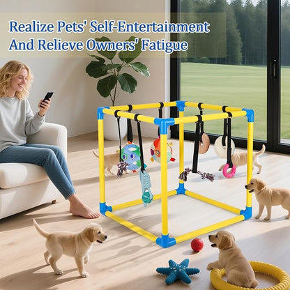 Liitrton Puppy Play Gym for Small Dogs with 8 Hanging Toys, Yellow | 19.5"x19.5"x19.5" PVC Frame, Indoor Puppy Jungle Gym with Interactive Puppies Toys