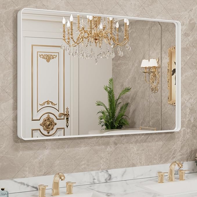 LOAAO 40x36 Inch White Metal Framed Bathroom Mirror
