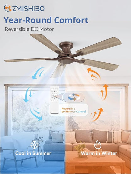 ZMISHIBO 52 Inch Ceiling Fan No Light, Flush Mount Low Profile, Farmhouse Brown