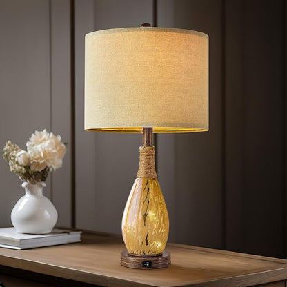 OYEARS 23" USB A+C Table Lamp for Bedroom Living Room Modern Bedside Lamps Retro Farmhouse Rattan Glass Nightstand Nightlight Lamps (Amber),Two Light Points