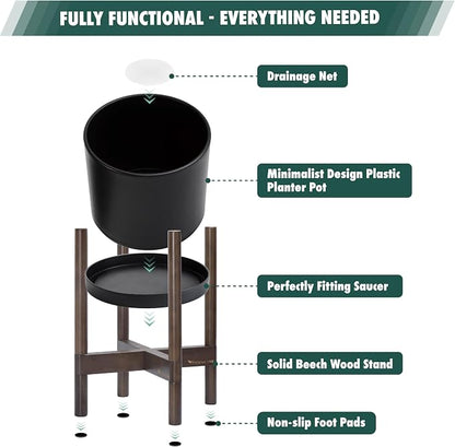 D'vine Dev Plastic Pot with Walnut Wood Stand, Black, 12 in, 55-C-O-2 | Mid-Century Inspired Design, Elevated Plant Display, Clean Lines, Sturdy Support, Modern Space-Saving Style
