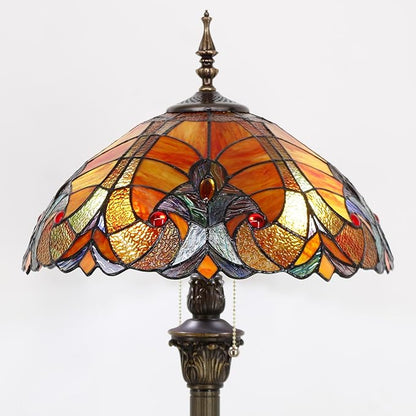 WERFACTORY Tiffany Floor Lamp Red Brown Liaison Stained Glass Standing Reading Light 16X16X64 Inches Antique Pole Corner Lamp Decor Bedroom Living Room Home Office S160R Series