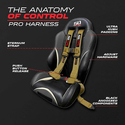 1pc 50 Cal Gold 4 Point Harness 3in Straps, Racing Harness Seat Belt | Ultra Kush padding, Push Button quick release hardware. Universal Fit for UTV, RZR, race car.