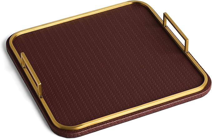 Preston Lane Mayfair Decorative Tray – Vegan Leather with Woven Texture, Brushed Brass Handles – Serving, Dresser & Coffee Table Tray, Espresso