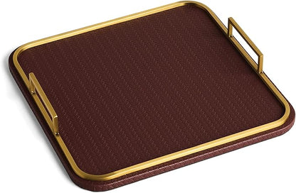 Preston Lane Mayfair Decorative Tray – Vegan Leather with Woven Texture, Brushed Brass Handles – Serving, Dresser & Coffee Table Tray, Espresso