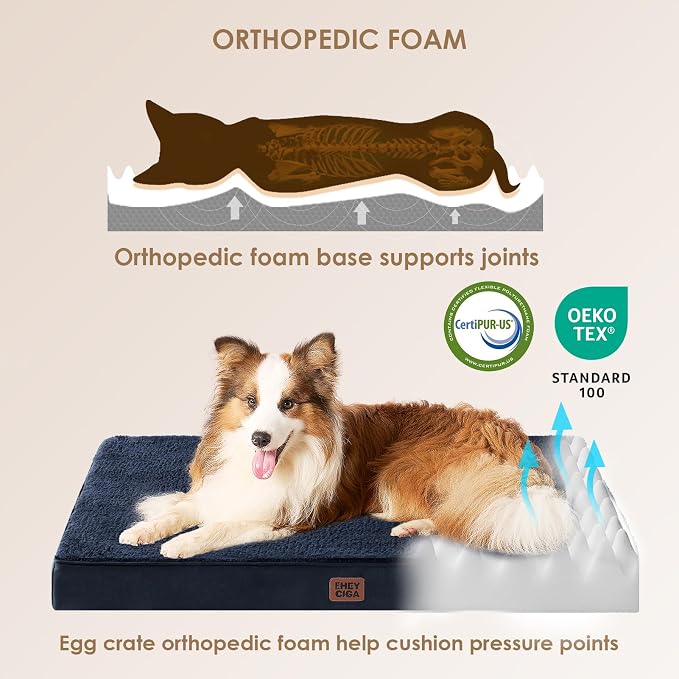 EHEYCIGA Orthopedic Dog Bed with Removable Washable Cover, Navy, 30x20 | Egg Crate Foam Support, Durable Oxford fabric, Non-Slip Bottom, Machine Washable, Soft Waterproof Plush Pet Bed Mat For Crate