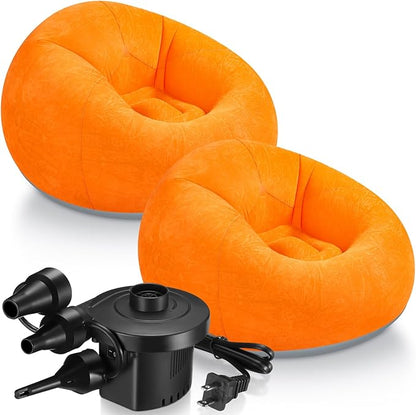 Realspring 2 Pcs Inflatable Bean Bag Chairs with Electric Air Pump Outdoor Blow up Chair Inflatable Lazy Sofa Folding Portable Loungers Couch for Living Room Bedroom(Orange)