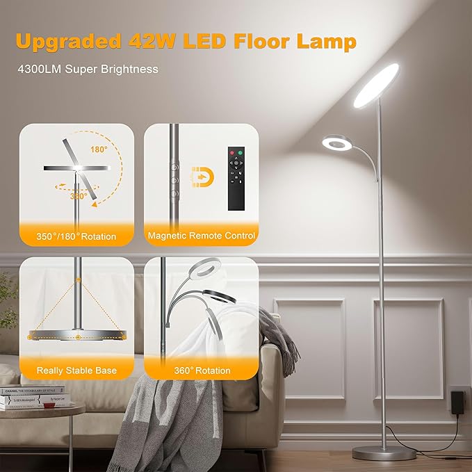 Silver Gray Floor Lamps for Living Room Bedroom, 42W/4300LM Bright LED Floor Lamp with Remote and Touch Control, Stepless Dimmable, 69" Tall Standing Lamp with Gooseneck Reading Light for Office