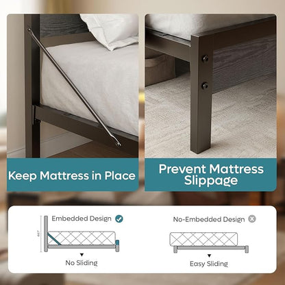 Bestier Full Bed Frame with Headboard Storage and Charging Station, Platform Bed Frame with LED Lights, Non-Slip Metal Bed Frame Full Size, Noise-Free, Easy Assembly, Grey
