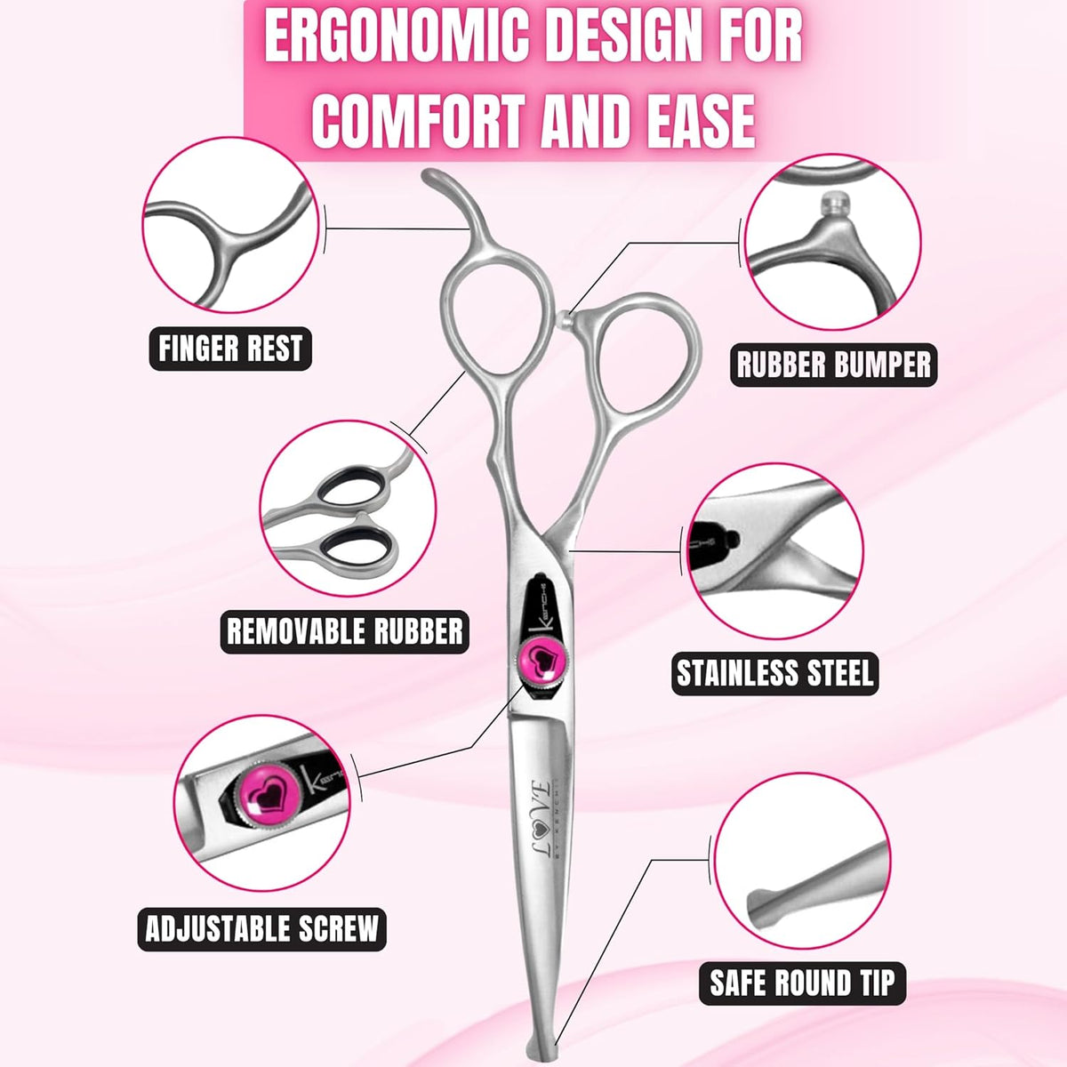 Kenchii Love Dog Grooming Scissors, 6.5 Inch Straight Balltip Shears, Dog Scissors for Grooming, Professional Pet Grooming Scissors, Safety Round Tip Shears