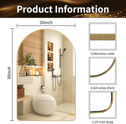 26x38 inch Gold Tempered Glass Large Arched Mirror