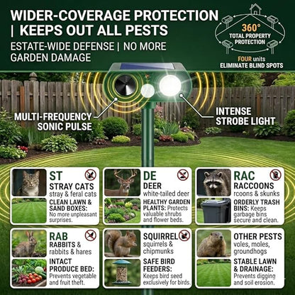 2Pack Upgraded Sonic Fortress Pro Deer Repellent Solar Animal Repellent Ultrasonic Outdoor with Motion Sensor Strobe Light for Squirrel Raccoon Rabbit Cat Skunk Deterrent Keep Pests Out of Yard Farm