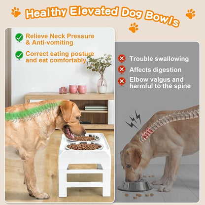 COMESOON Elevated Dog Bowls, 4 Height Adjustable Raised Bowl Stand with 2 Thick 50oz Stainless Steel Food Bowls Non-Slip Feeder Adjusts to 3.7'', 9.2'', 10.75'', 12.36'' White
