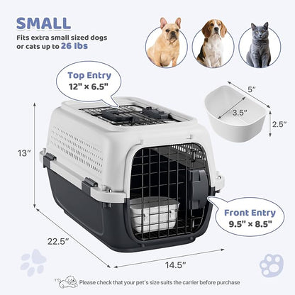Magshion 22 Inch Hard-Sided Dog Cat Carrier, Grey | Top&Front Door Access, Plastic Dog Kennel for Traveling, Durable Handle, Ventilation, Detachable Pet Bowl, For Pet Up 26 lbs