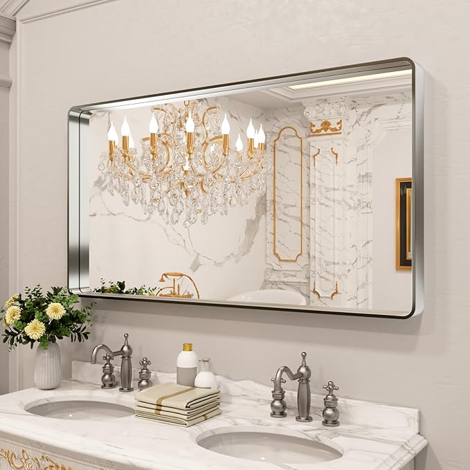 LOAAO 55X30 Inch Brushed Nickel Bathroom Mirror, Rounded Rectangle Silver Metal