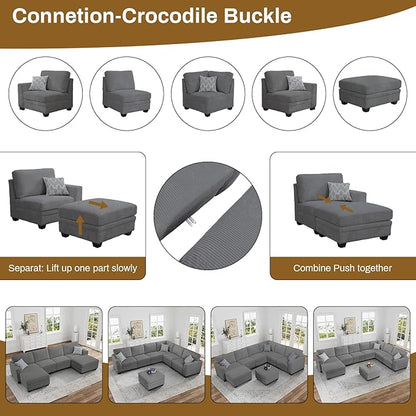 Legend Vansen Oversized Modular Sectional Sofa,6 Seat U Shaped Couch with Ottoman,Corduroy Sofa with Deep Seat,Convertible Large Sectional Couches for Living Room (Grey, L2+3)
