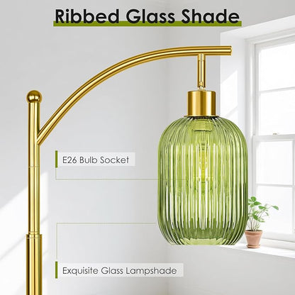 Gold Floor Lamp for Living Room with Remote Control,Unique Vintage Standing Tall Lamp,Mid Century Modern Floor Lamps Arc Green Glass Floor Lamps for Office Corner