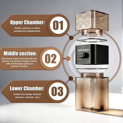 【Metered Dose; ~0.4 g/Press】 Reptile Calcium Powder Mixer, Cricket Keeper Dispenser Feeder, One-Click No-Mess Duster for Chameleon, Gecko, Lizard & Frog