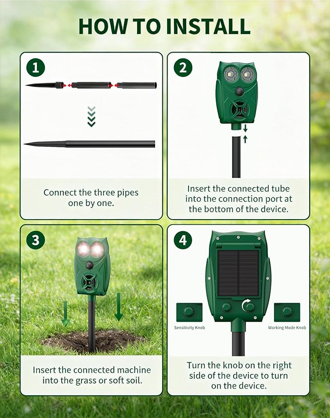 Solar Ultrasonic Animal Repeller with Motion Sensor, Deer Repellent Devices with LED Light, Waterproof Cat Repellent Outdoor, Dog Deterrent for Yard Garden to Repel Raccoon, Squirrel, Fox (2, Green)