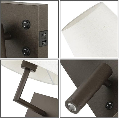 XiNBEi Lighting Hardwired Wall Sconce with LED Reading Lamp, Bedroom Wall Lamp with USB Port & Switch Rotatable Wall Light with Linen Fabric Shade for Bedside Living Room, Dark Bronze XB-W462-LED-DB