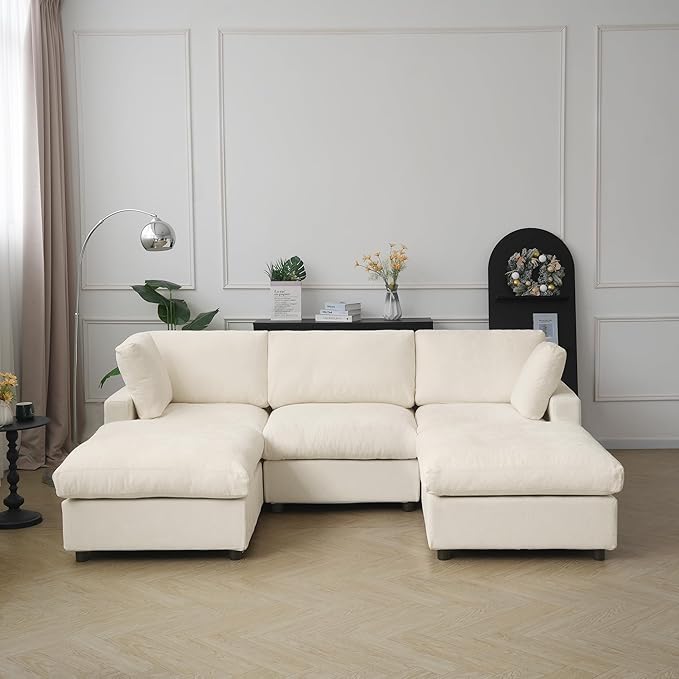 JACH U Shape Sectional Couches for Living Room, Convertible Modular Sofa with Ottomans, Cloud Sectional Couch, Sofa Covers Washable, Minimalist Couch for Living Room, Apartment, Beige