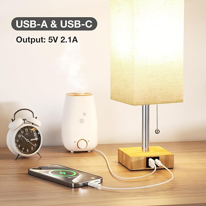 aooshine Beige Small Table Lamp for Bedroom - 3 Color Temperature 3000K 5000K 4000K Bedside Lamp, Pull Chain Control, USB A and C Ports, Wood-Grain Base, Bulb Included