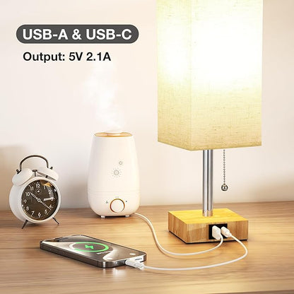 aooshine Beige Small Table Lamp for Bedroom - 3 Color Temperature 3000K 5000K 4000K Bedside Lamp, Pull Chain Control, USB A and C Ports, Wood-Grain Base, Bulb Included