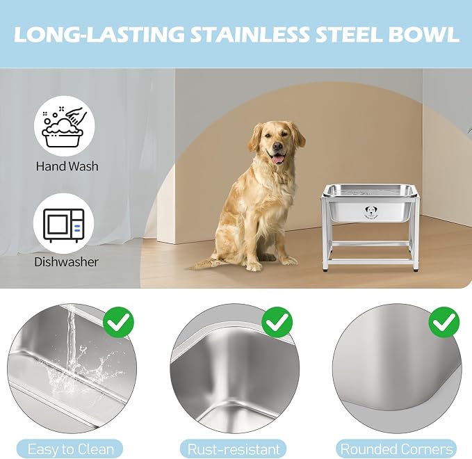 1.25 Gallon Elevated Large Dog Water Bowl, 10.23" Raised Stainless Steel Bowl for Medium Large Breed, Elevated Dog Water Bowl with Full Metal Stand, Easy to Clean and Assemble for Indoor Outdoor