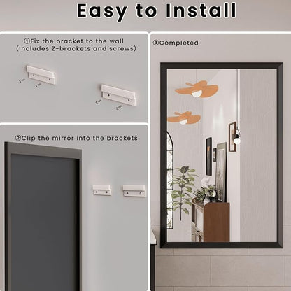 Amorho Bathroom Mirror Black, 60x40 Inch Thick Metal Framed Wall Mirrors