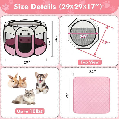 Persure Dog Cat Pet Playpen Puppy Crate Cage for Indoor Outdoor Travel | Nursing Rest Zone Recovering Pet Quarantine Room Portable Pop Up Easy to Set up lightweight Carrying Bag(Pink with Pad,Small)