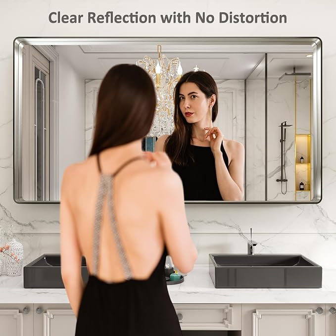 LOAAO 72X36 Inch Brushed Nickel Bathroom Mirror, Rounded Rectangle Silver Metal