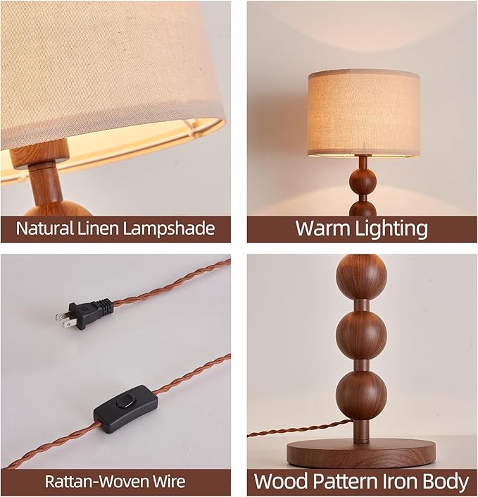 Bedside Nightstand Table Lamp for Bedroom Red Wood Pattern Iron Lamp with Fabric Shade, Mid Century Modern Farmhouse Table Lamp Desk Lamp for Living Room Home Office with LED E26 Bulb