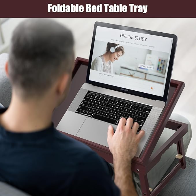 Bamboo Adjustable & Foldable Bed Tray Table with Ergonomic Handle, 17x12in Breakfast Tray for Eating, Laptop Desk, Sofa Snacking, Non-Slip Surface (Mahogany)