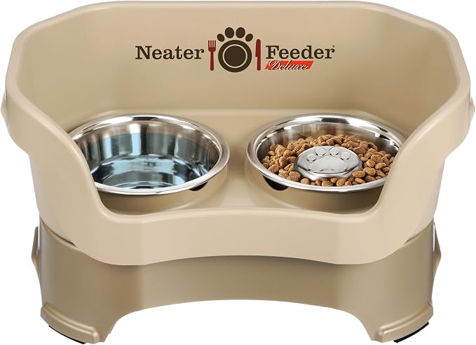 Neater Feeder Deluxe Mess Proof Dog Bowls Elevated for Medium Sized Breeds – Made in USA – No Spill Raised Slow Feeder Elevated Dog Bowl Stand, Stainless Steel Food and Water Bowl Set, Cappuccino