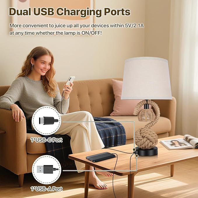 22" Rope Lamps for Night Stands, Dual-Lights Bedside Lamps Set of 2, Boho Table Lamps for Living Room, 3-Color Temperatures Boho Lamp with Rotary Switch, Rattan Lamp with USB Ports, 4 Bulbs Included