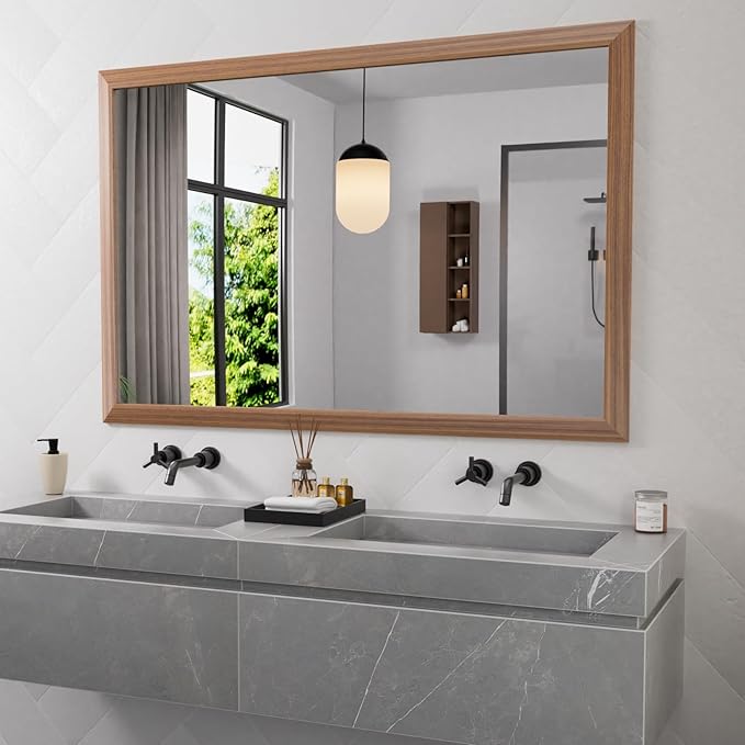 Amorho Bathroom Mirror for Wall, 60X40 Inch Walnut Wood Grain Metal Framed