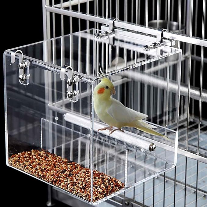 Automatic Acrylic Bird Feeder for Cage, No Mess - Small Bird Parrots, Canary, Parakeet, Budgerigar, Crested Myna, Cockatiel (XL)