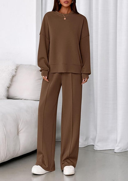 PRETTYGARDEN 2 Piece Sets For Women Fall Trendy Long Sleeve Sweatshirt Wide Leg Pants Loungewear Set Matching Sweatsuit