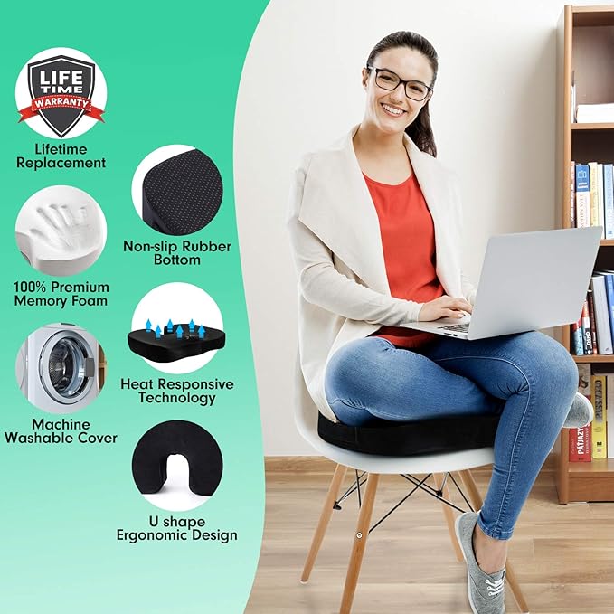 Seat Cushion for Office Chair,Memory Foam Seat Cushion,Tailbone,Sciatica,Lower Back Pain Relief,Chair Cushion for Car,Wheelchair,Computer and Desk Chair