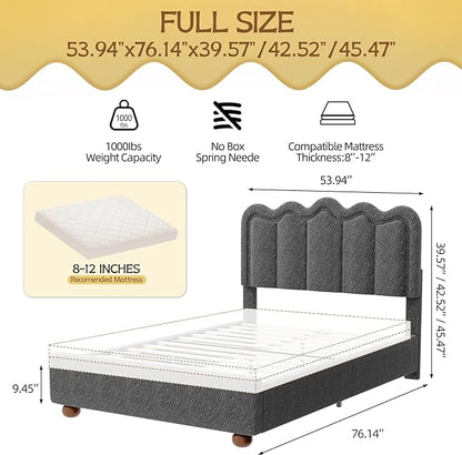 Full Size Bed Frame with Headboard, Boucle Bed Frame, Soft Upholstered Platform Cloud Bedframe with Footboard, Solid Wood Legs, Solid Wooden Slats Support, No Box Spring Required, Easy Assembly, Grey