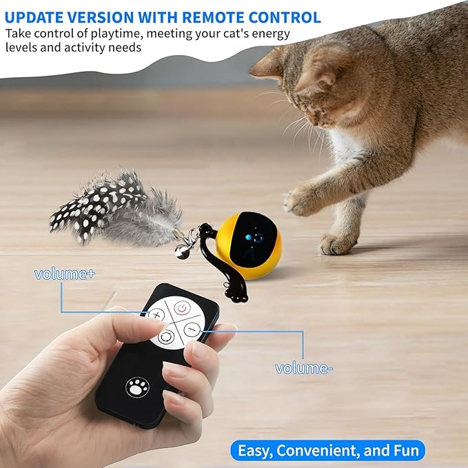 Interactive Cat Ball Toy with Remote Control, Automatic Moving Cat Toys Ball with Feather Tail, Electric Puzzle Toy for Chasing and Hunting (Yellow)