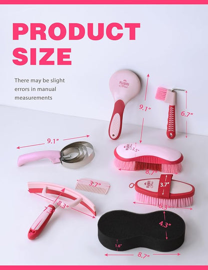 Horse Grooming Kit, 9 Piece Grooming Brush Set with Silicone Curry Comb for Bathing & Shedding Pink Garnet