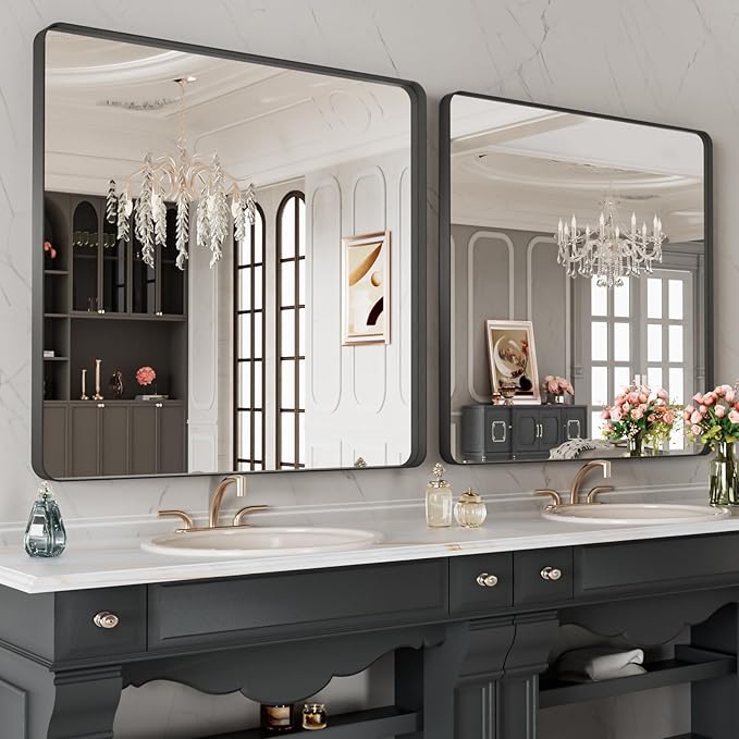 LOAAO 40X38 Inch Black Metal Framed Bathroom Mirror
