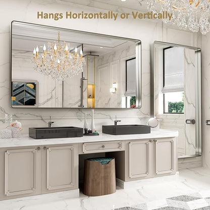 LOAAO 84X32 Inch Brushed Nickel Bathroom Mirror, Rounded Rectangle Silver Metal