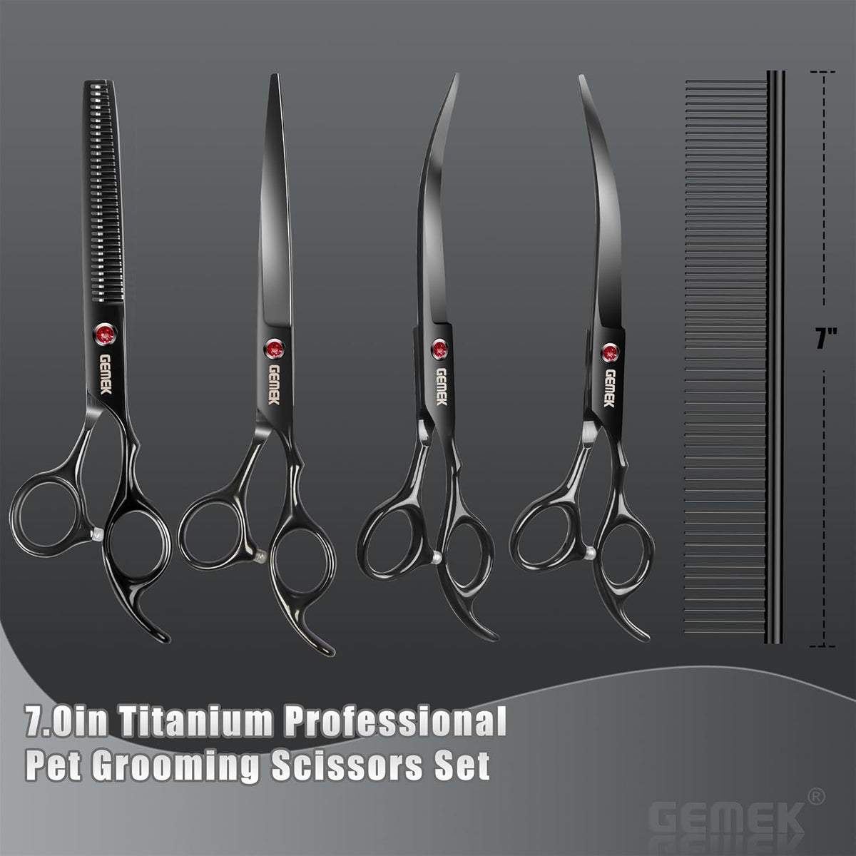 7.0in Titanium Professional Dog Grooming Scissors Set, GEMEK 6 in 1 Straight & Thinning & Upwards Curved & Downwards Curved Scissors & Comb for Dogs, Cats and Other Animals (Black)