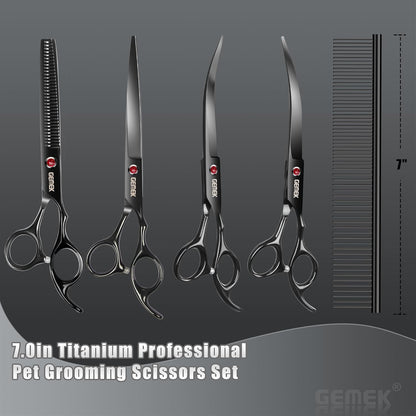 7.0in Titanium Professional Dog Grooming Scissors Set, GEMEK 6 in 1 Straight & Thinning & Upwards Curved & Downwards Curved Scissors & Comb for Dogs, Cats and Other Animals (Black)